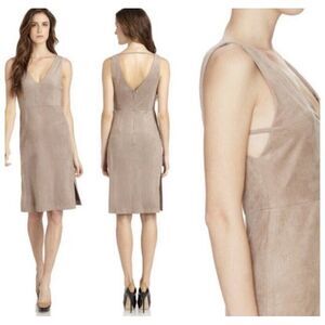 BCBGMaxAzria Sleeveless V-Neck Suede Mini Dress in Taupe